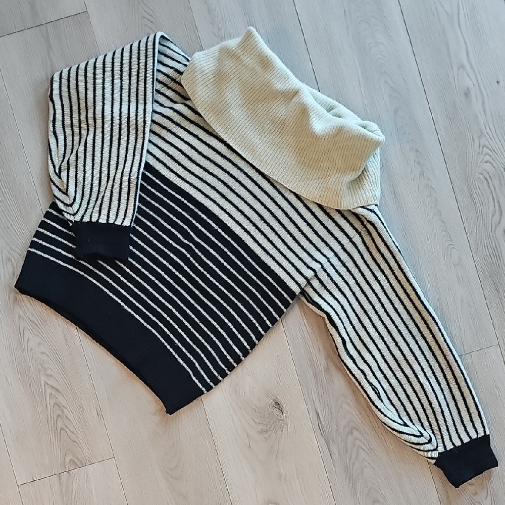Striped Black & Cream Cowl Neck Sweater